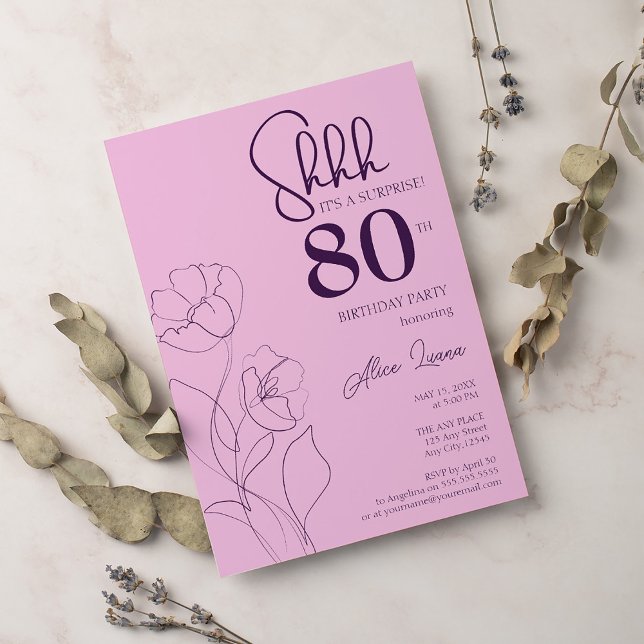 Floral Pink Mauve Überraschung 80. Geburtstag Einladung (Von Creator hochgeladen)