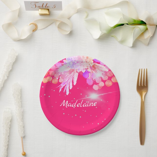 Floral Pink Modernes Silber Persönlich Pappteller (Hochzeit)