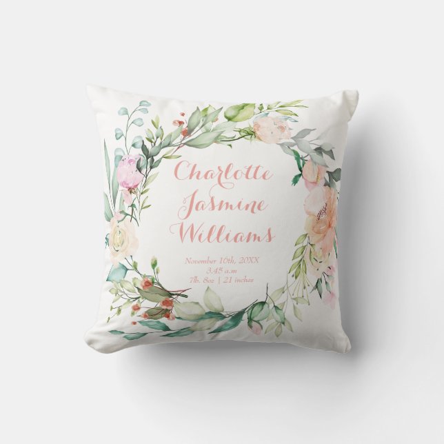 Floral Pink Monogram Baby Birth Stats Kinderzimmer Kissen (Vorderseite)