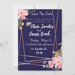 Floral pink Navy Blue Rustic Wedding Einladung