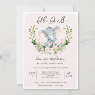 Floral Pink Oh Girls Elephant Baby Dusche Einladung