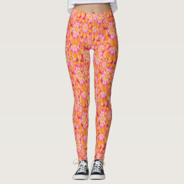 Floral Pink Orange Groovy Hippy Psychedelic Retro Leggings