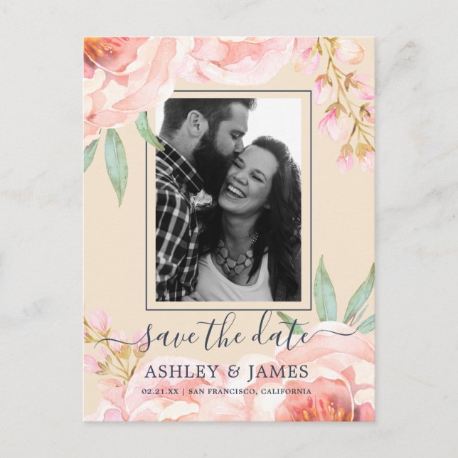 Floral Pink Peak Wasserfarbe Save the Date Ankündigungspostkarte (Vorderseite)