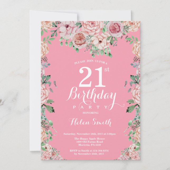 Floral Pink Peonies 21ème anniversaire Invitation (Devant)