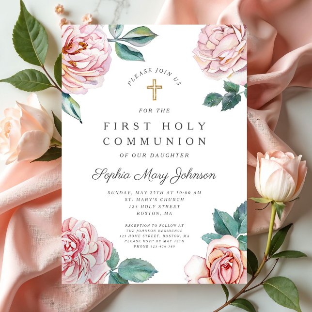 Floral Pink Peonies Girl Religious First Communion Einladung (Floral Pink Peonies Girl Religious First Communion Invitation)