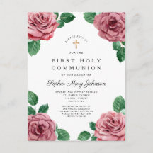 Floral Pink Peonies Girl Religious First Communion