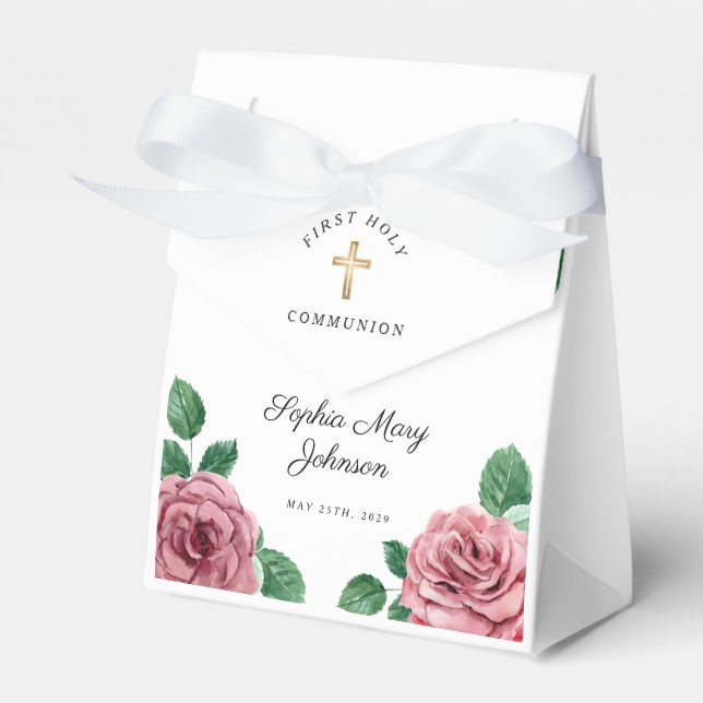 Floral Pink Peonies Girl Religious First Communion Geschenkschachtel (Vorderseite)