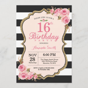 Floral Pink Peonies Invitation à la fête du 16e an