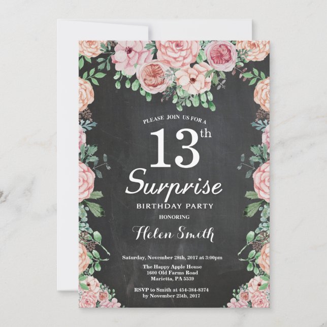 Floral Pink Peonies Überraschung 13. Geburtstag Einladung (Vorderseite)