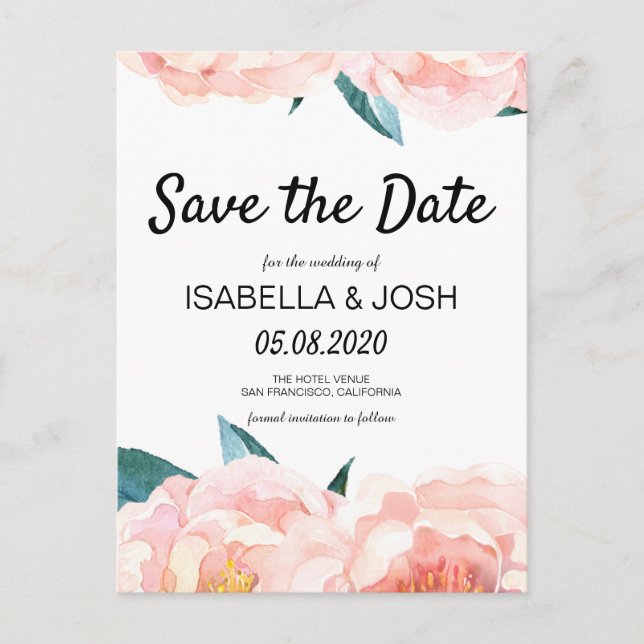 Floral Pink Peony Boho Save the Date Ankündigungspostkarte (Vorderseite)