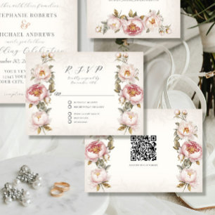 Floral Pink Peony Eleganspring QR-Code Hochzeit RSVP Karte
