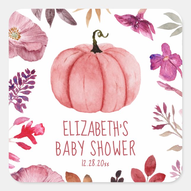 Floral Pink Pumpkin Fall Baby Dusche Quadratischer Aufkleber (Vorderseite)