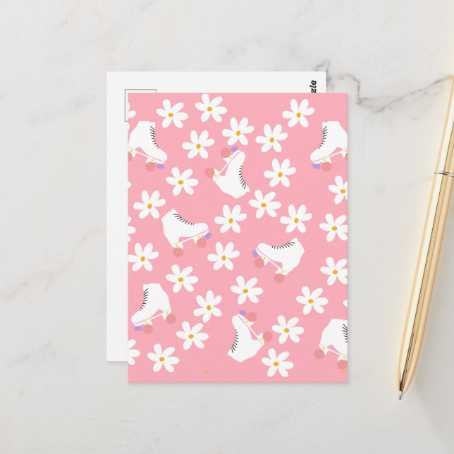 Floral Pink Roller Skate Roller Skaten Postkarte (Vorderseite/Rückseite Beispiel)