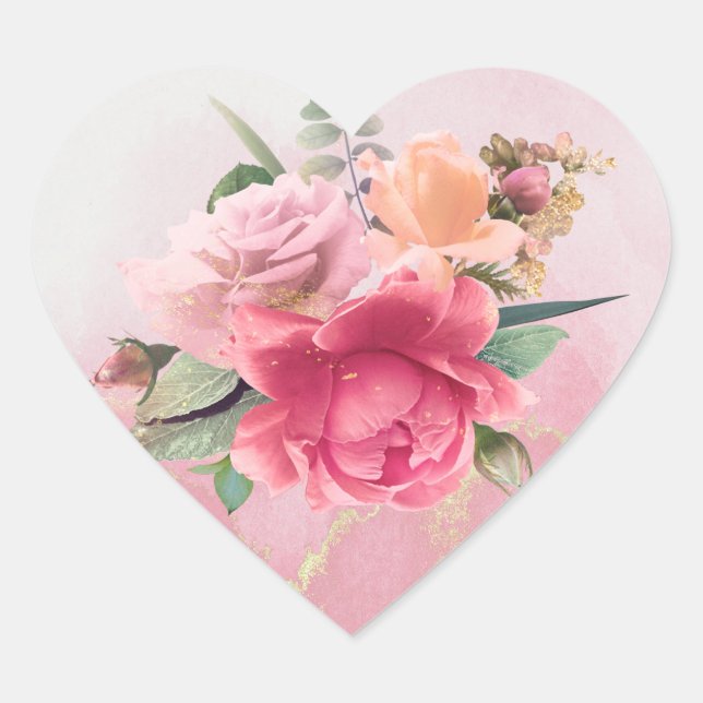 Floral Pink Rose Bouquet Herz-Aufkleber (Vorderseite)