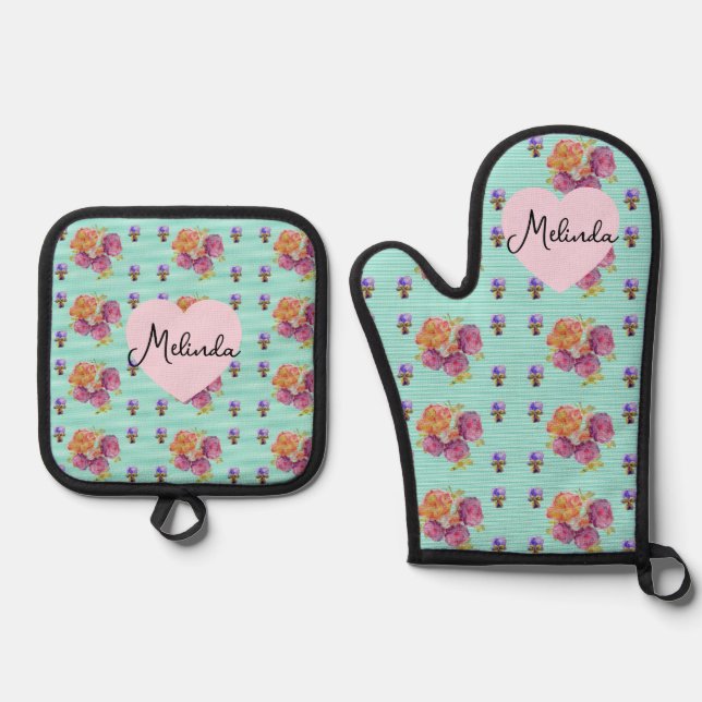 Floral Pink Rose Roses Pattern Aqua Womans Name Ofenhandschuh & Topflappen-Set (Vorderseite)