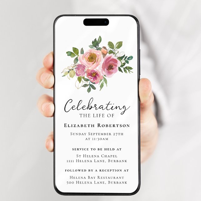 Floral Pink Roses Beerdigung Digital Evite Einladung (Von Creator hochgeladen)