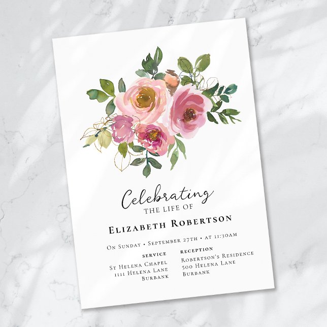 Floral Pink Roses Beerdigung Einladung (Von Creator hochgeladen)