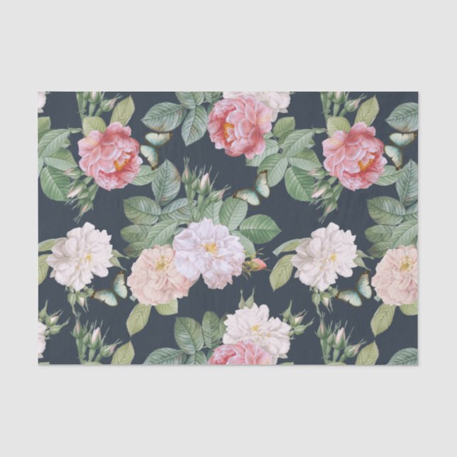 Floral Pink Roses Blätter Schmetterlinge Dunkelgra Seidenpapier (Vorderseite)