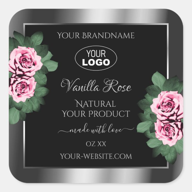 Floral Pink Roses Silver Black Product Labels Logo Quadratischer Aufkleber (Vorderseite)