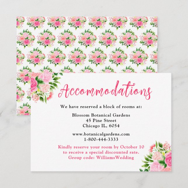 Floral Pink Roses Wedding Accommodations  Begleitkarte (Vorne/Hinten)