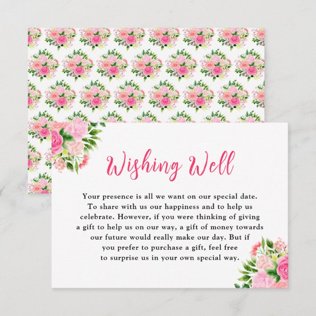 Floral Pink Roses Wedding Wishing Well Begleitkarte (Vorne/Hinten)