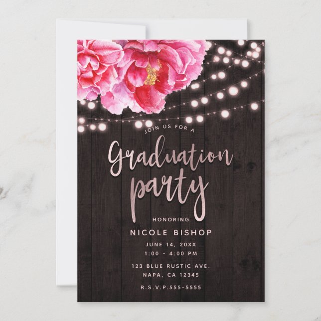 Floral Pink Rustic Wood Lights Graduation Party Einladung (Vorderseite)