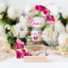Floral Pink Silver Butterfly Quinceañera Arch Acryleinladungen
