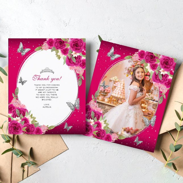 Floral Pink Silver Butterfly Quinceañera Foto (Von Creator hochgeladen)