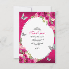 Floral Pink Silver Butterfly Quinceañera Foto Dankeskarte