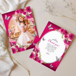 Floral Pink Silver Butterfly Quinceañera Foto Dankeskarte