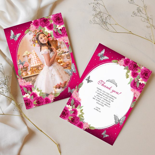 Floral Pink Silver Butterfly Quinceañera Foto Dankeskarte (Von Creator hochgeladen)