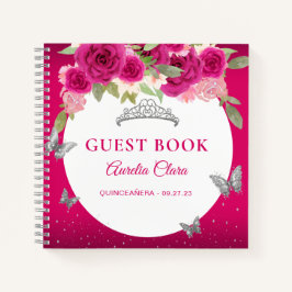 Floral Pink Silver Tiara Butterfly Gästebuch Notizbuch