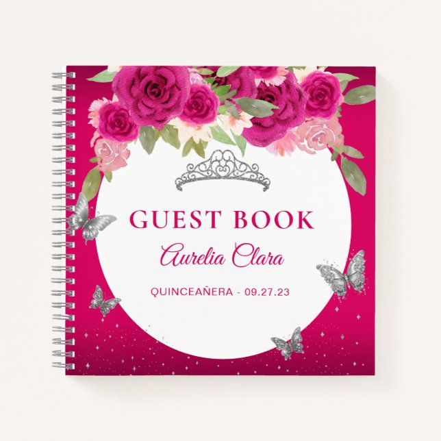 Floral Pink Silver Tiara Butterfly Gästebuch Notizbuch (Vorderseite)