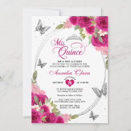 Floral Pink Silver Tiara Butterfly Mis Quinceañera Einladung