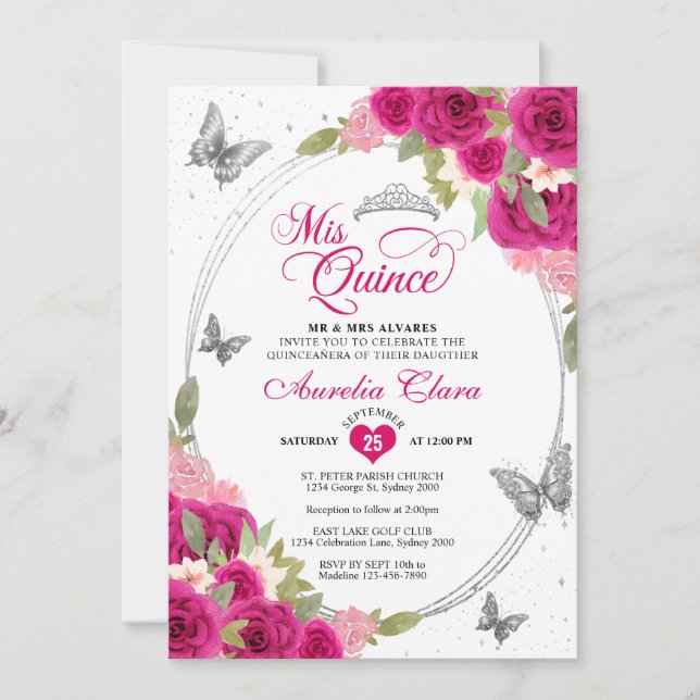 Floral Pink Silver Tiara Butterfly Mis Quinceañera Einladung (Vorderseite)