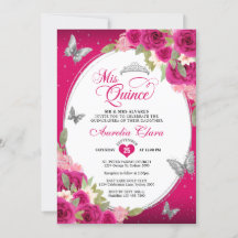 Floral Pink Silver Tiara Butterfly Mis Quinceañera