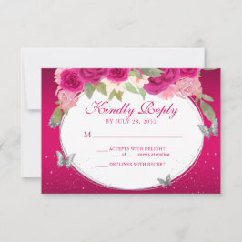 Floral Pink Silver Tiara Butterfly Quinceañera RSVP Karte