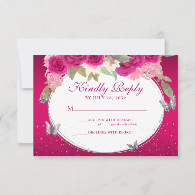 Floral Pink Silver Tiara Butterfly Quinceañera RSVP Karte (Vorderseite)