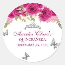 Floral Pink Silver Tiara Butterfly Quinceañera Runder Aufkleber