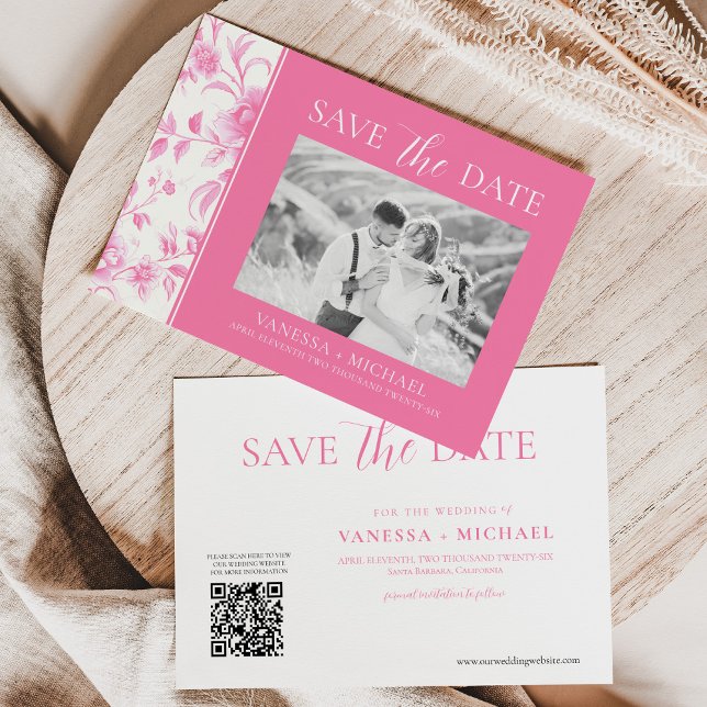Floral Pink White Toile De Jouy Foto Save The Date (Von Creator hochgeladen)