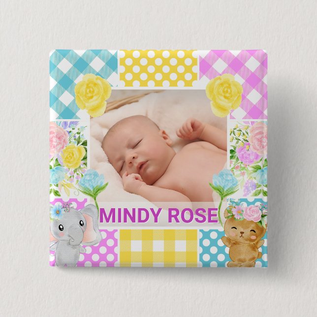 Floral & Plaid Photo Frame Newborn Baby Button (Vorderseite)