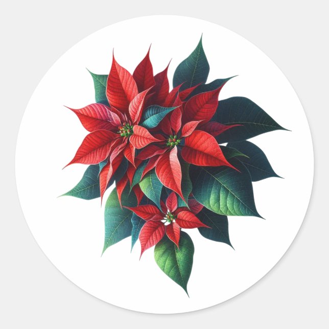 Floral Poinsettia Christmas – Festive Holiday Runder Aufkleber (Vorderseite)