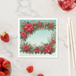 Floral Poinsettia Frosty Pine Border Découpage Serviette