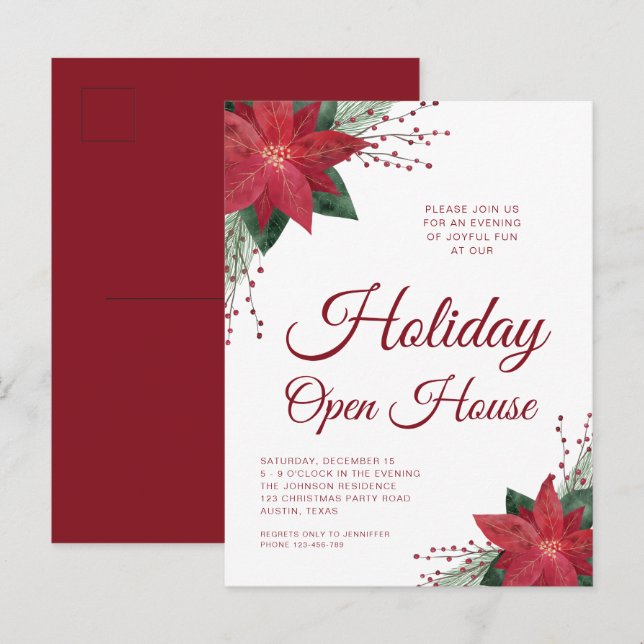 Floral Poinsettia Holiday Open House Invitation (Devant / Derrière)
