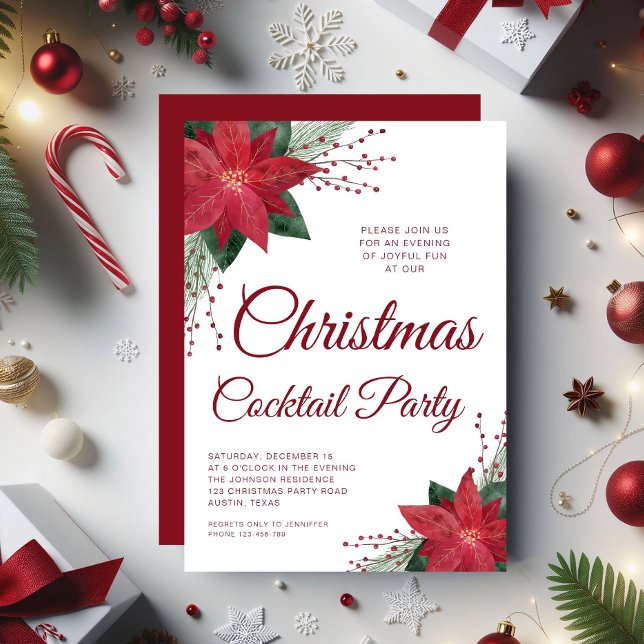 Floral Poinsettia Script Weihnachtscocktail Party Einladung (Floral Poinsettia Script Christmas Cocktail Party Invitation)