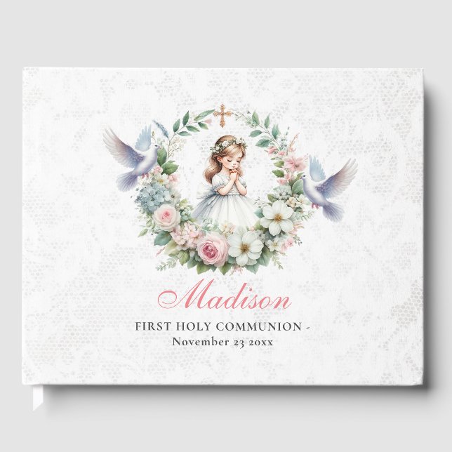 Floral Praying Girl First Holly Communion Gästebuch (Vorderseite)