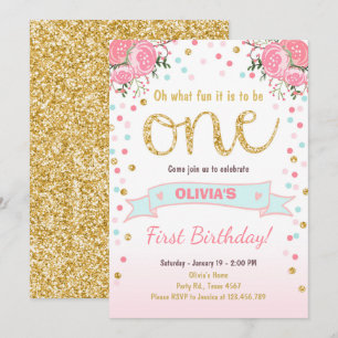 Floral Premier anniversaire invitation Girl Pink G