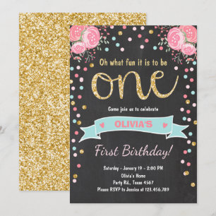 Floral Premier anniversaire invitation Girl Pink G