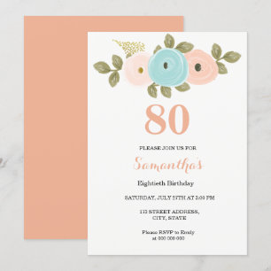 Floral Pretty Peach 80th Birthday Invitation
