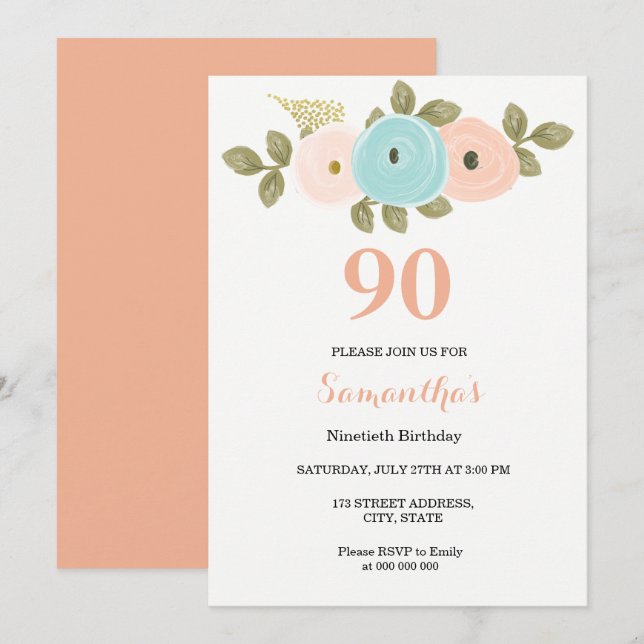 Floral Pretty Peach 90th Birthday Invitation (Devant / Derrière)